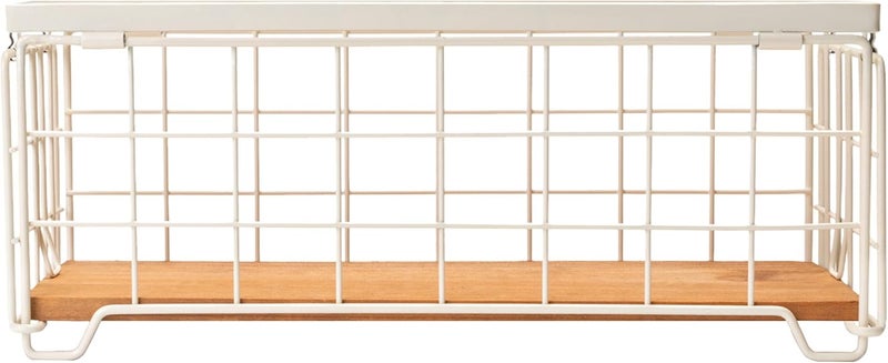 TIEYIPIN Metal Wire Storage Basket, Toilet Paper Roll Holder Wood Base Countertop Decor Box Toilet Tank Shelf Cabinet Organizer for Bathroom Pantry Garage Bedroom Livingroom - Cream White - Image 5